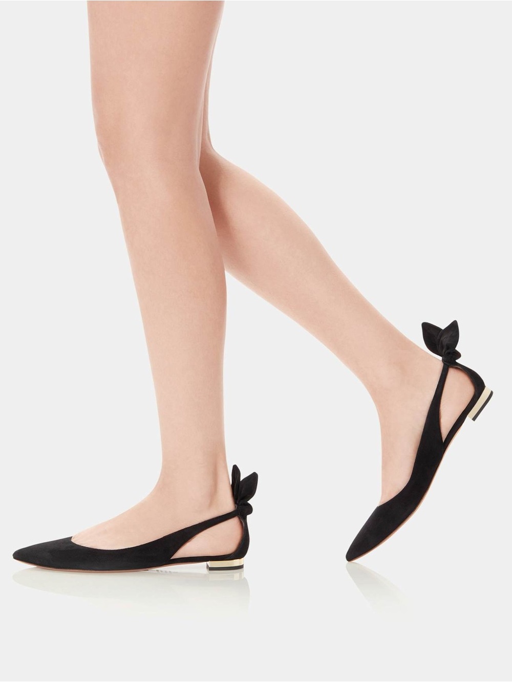 AQUAZZURA Suede Bow Tie Ballet Flats 38.5 Black Pointed Toe D'Orsay Gold Heel